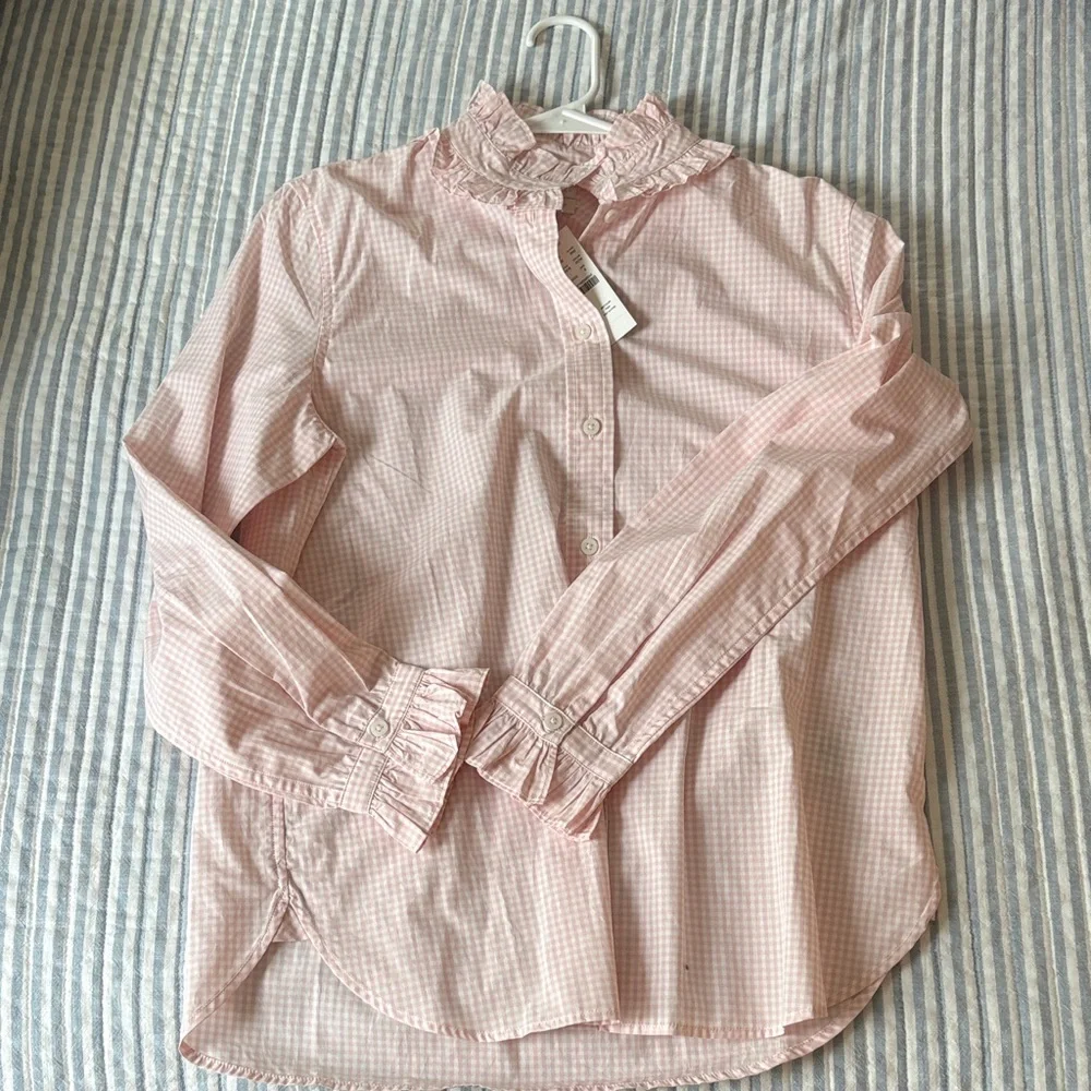 J Crew Pink Gingham Ruffle Collar Button-Up Blouse Size 6 - Picture 1 of 4